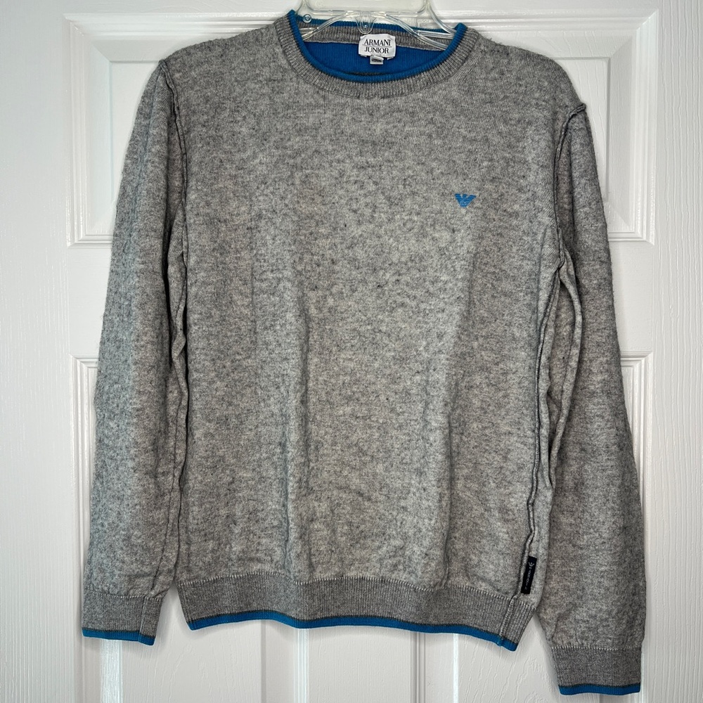 Armani Junior Wool-Blend Crewneck Sweater – Grey w/ Blue Trim | Boys 14A